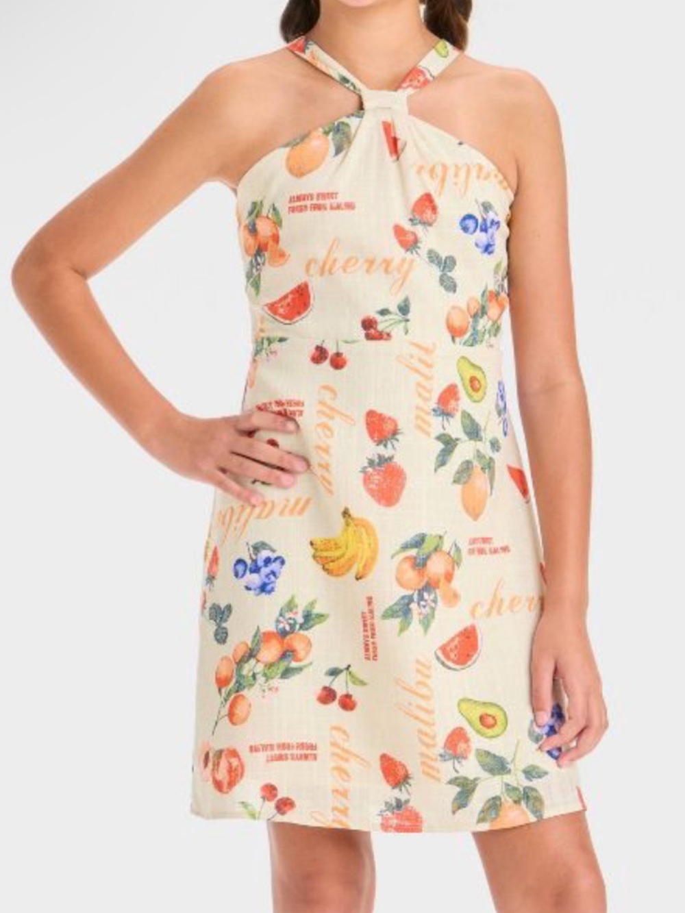 art class Cream Halter Dress with Fruit Print